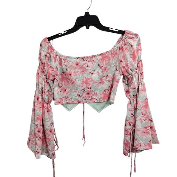 Floral Pink Puff Long Flare Sleeve Self Tie Front Crop Corset Top. Size Large - Picture 2 of 10